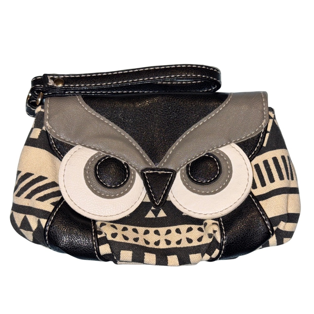 Owl Wristlet Clutch Bag Geometric Canvas Faux Leather Black White Gray Mini Bag